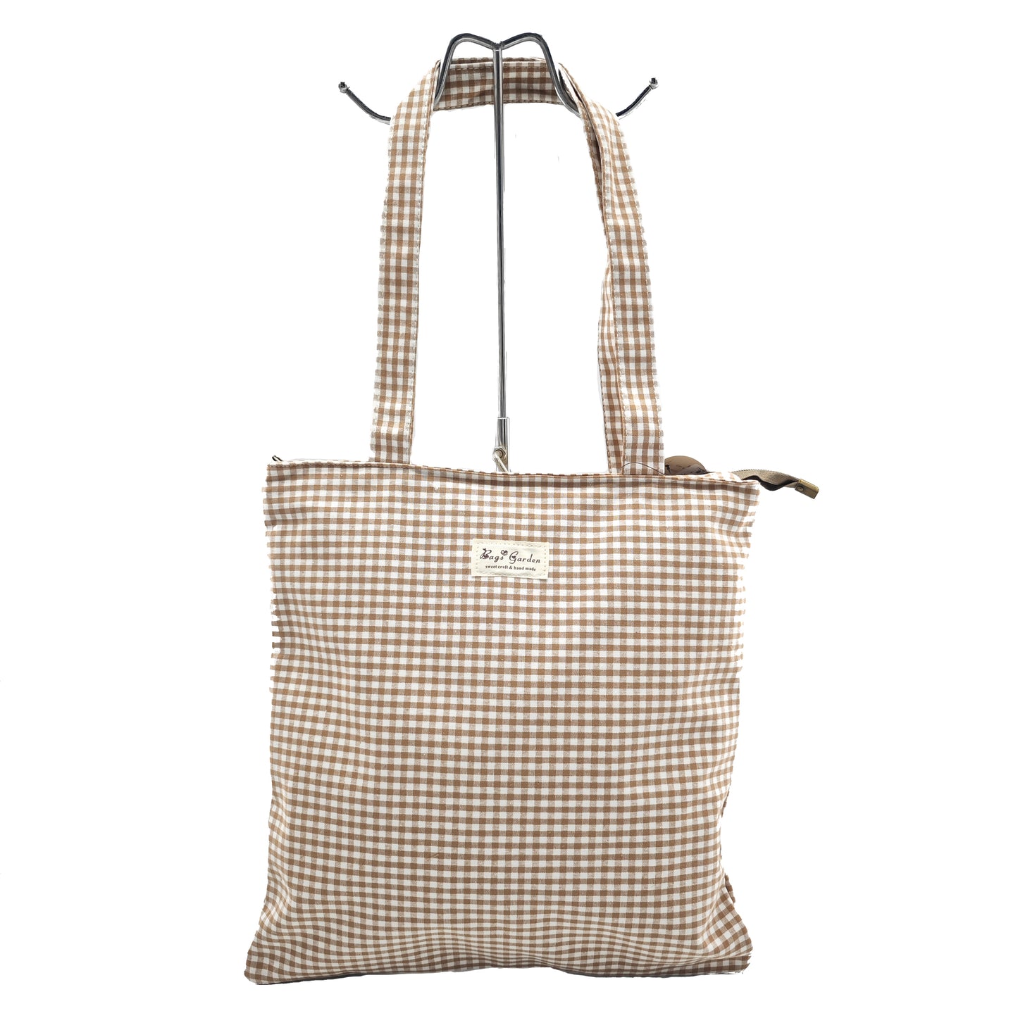 Vichy cotton tote bag with zipper
