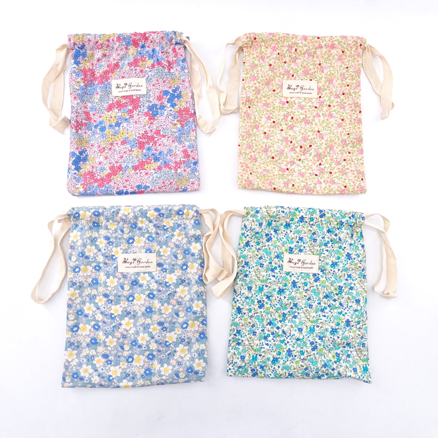 Large cotton bag with floral print and drawstring closure