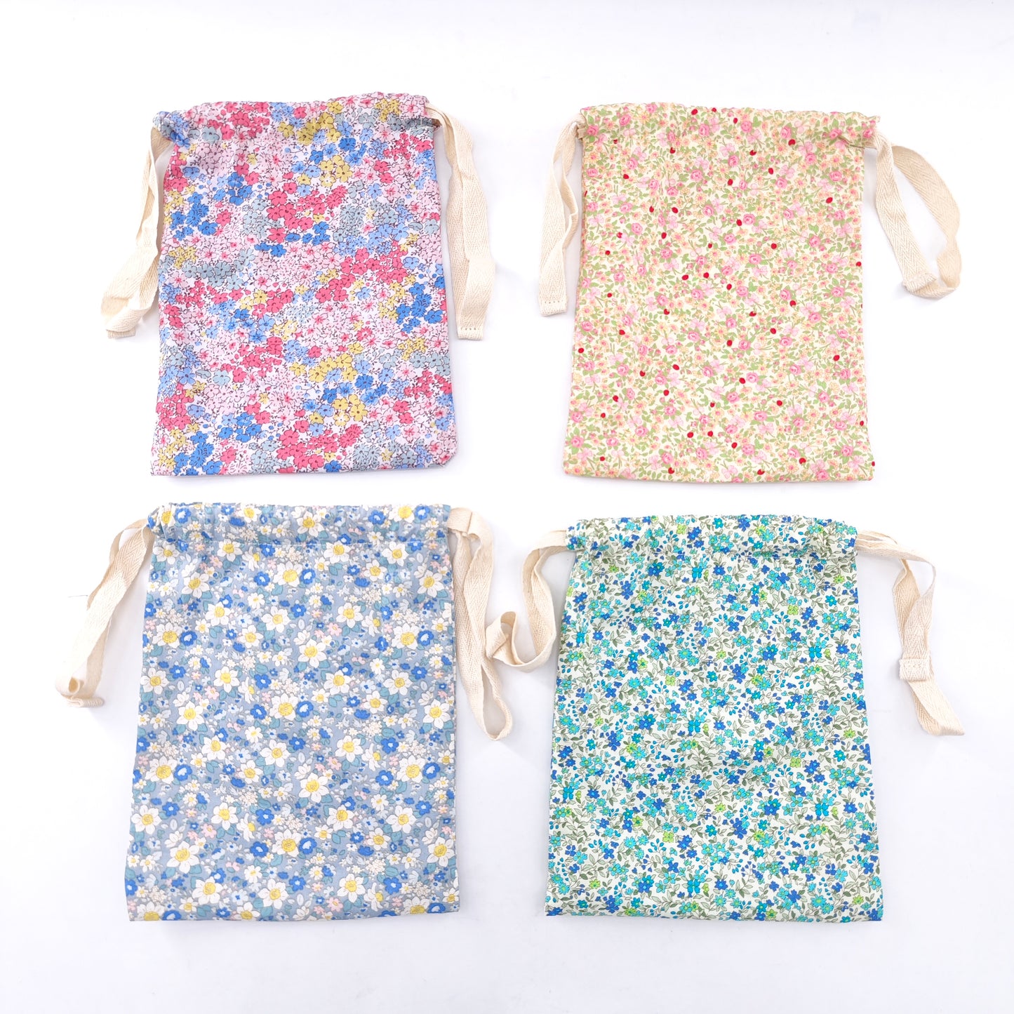 Large cotton bag with floral print and drawstring closure