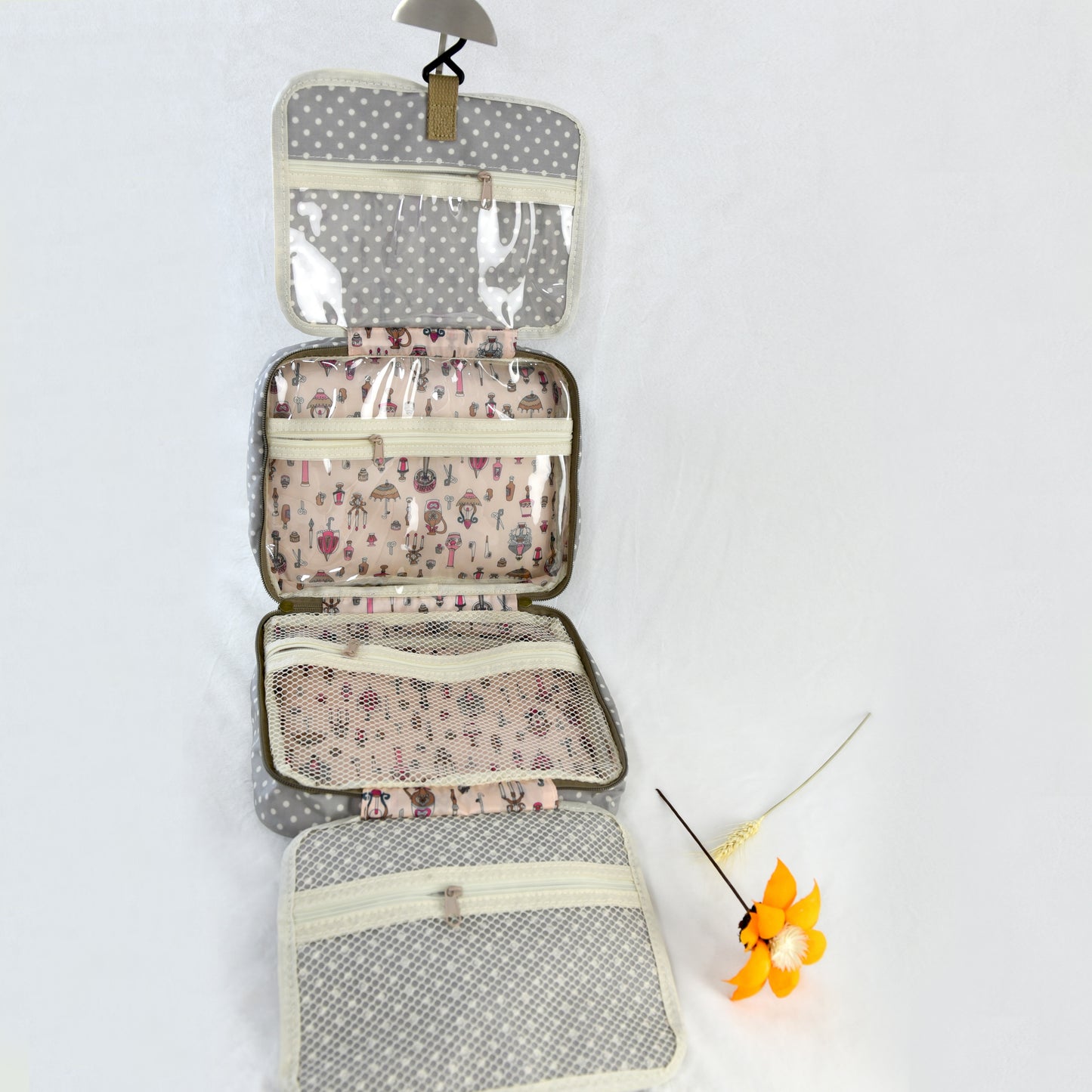 Large waterproof polka dot hanging toiletry bag