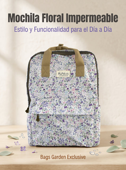 Mochila Floral Impermeable Bags Garden con Bolsillo Frontal, Bolsillos Laterales
