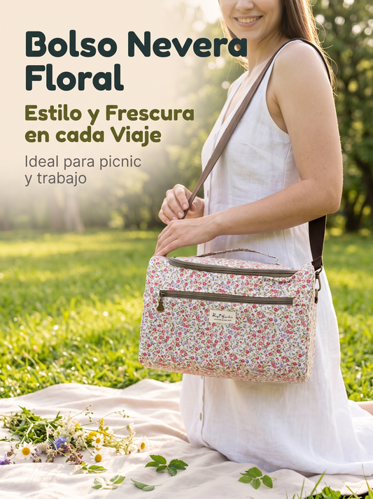 Bolso Nevera Floral Grande Impermeable con Bolsillo Frontal, Cremallera y Correa de Hombro para Picnic y Trabajo