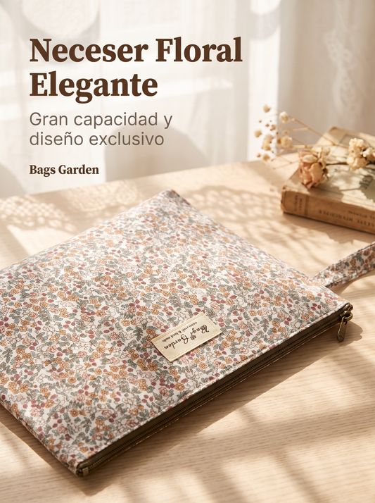 Neceser Floral Grande Impermeable con Cremallera y Asa de Mano para Maquillaje y Viaje