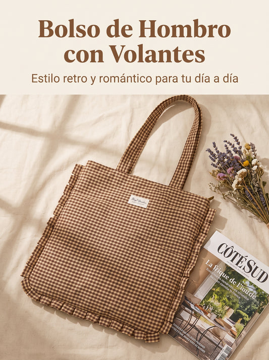 Bolso de Hombro de Algodón de Cuadros con Volantes y Cremallera
