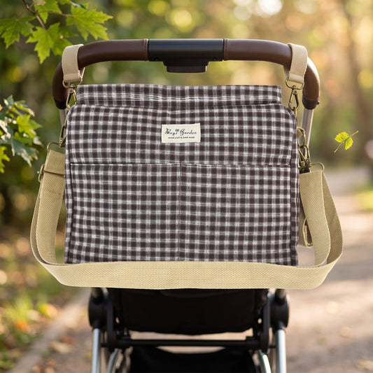 Bolso organizador para carrito de bebé de cuadros de algodón con bandolera