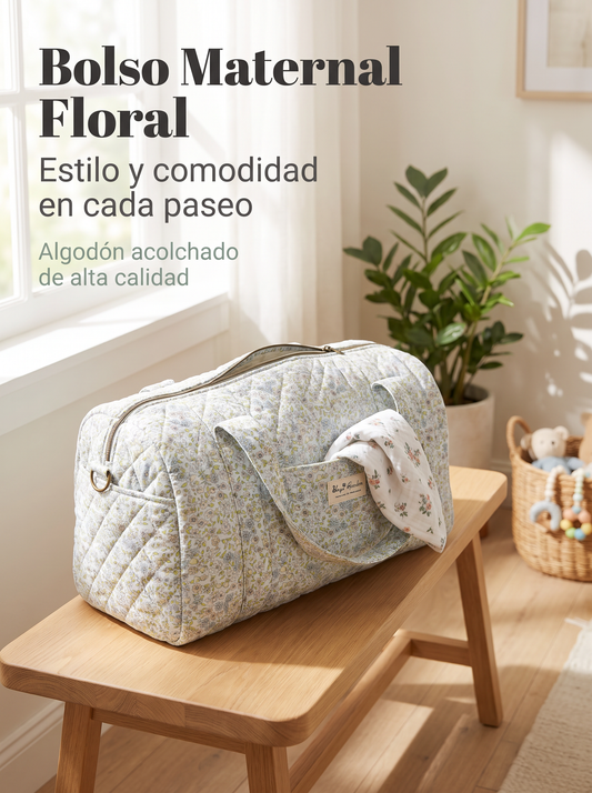 Bolso Maternal Barrel Floral de Algodón Acolchado para Artículos de Bebé con Correa Ajustable