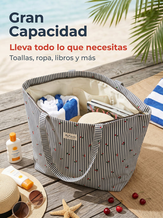 Bolso de Playa Grande Rayas con Cereza | Bolsa Tote Impermeable con Cremallera