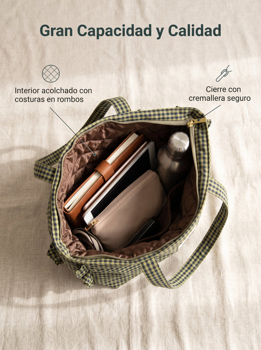 Bolso Tote de Hombro de Cuadros con Volantes y Cremallera