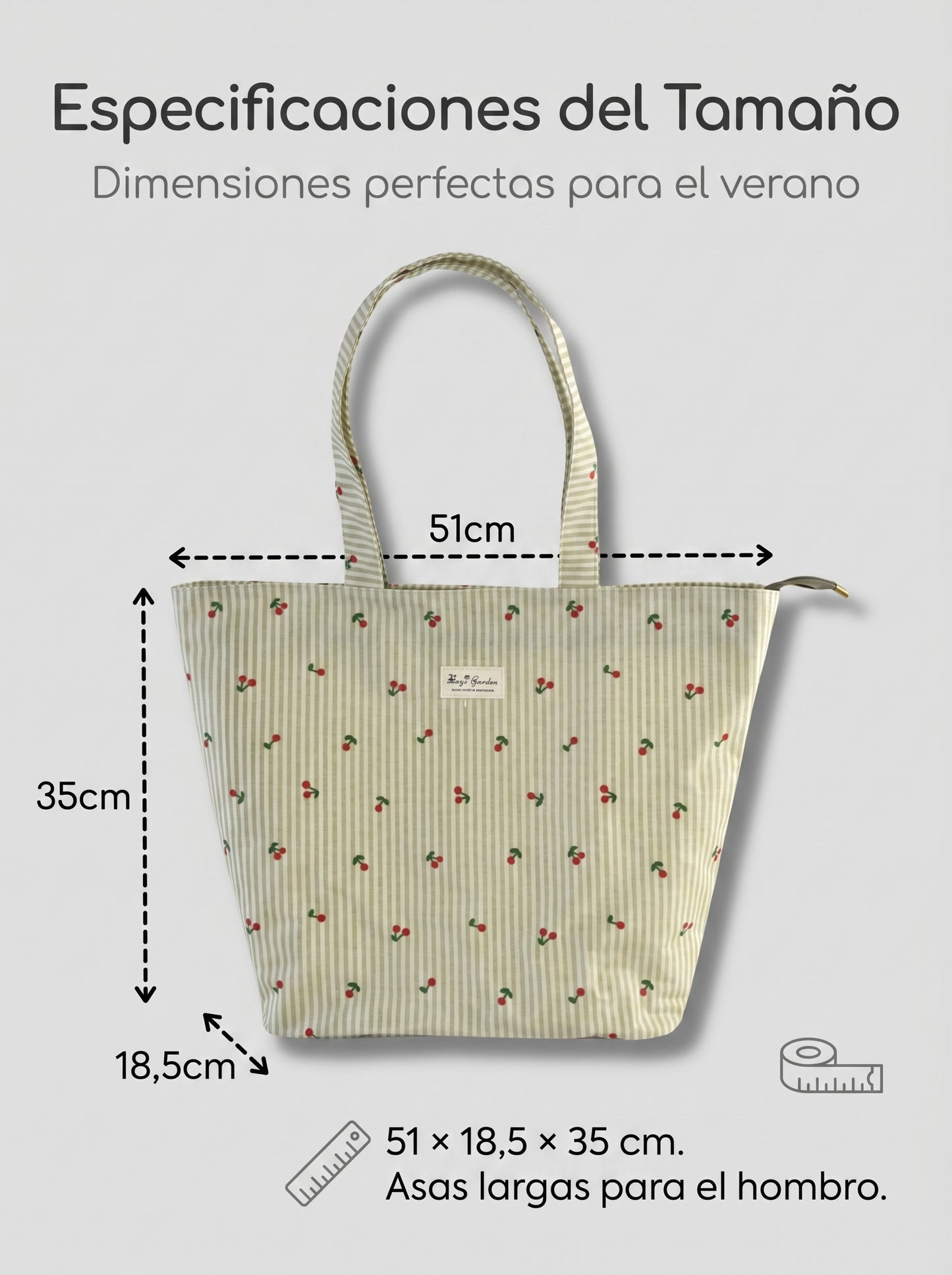 Bolso de Playa Pequeño Rayas con Cereza | Bolsa Ligera con Cremallera