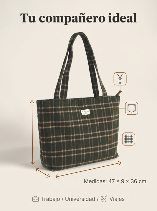 Bolso Tote de Cuadros con Cremallera