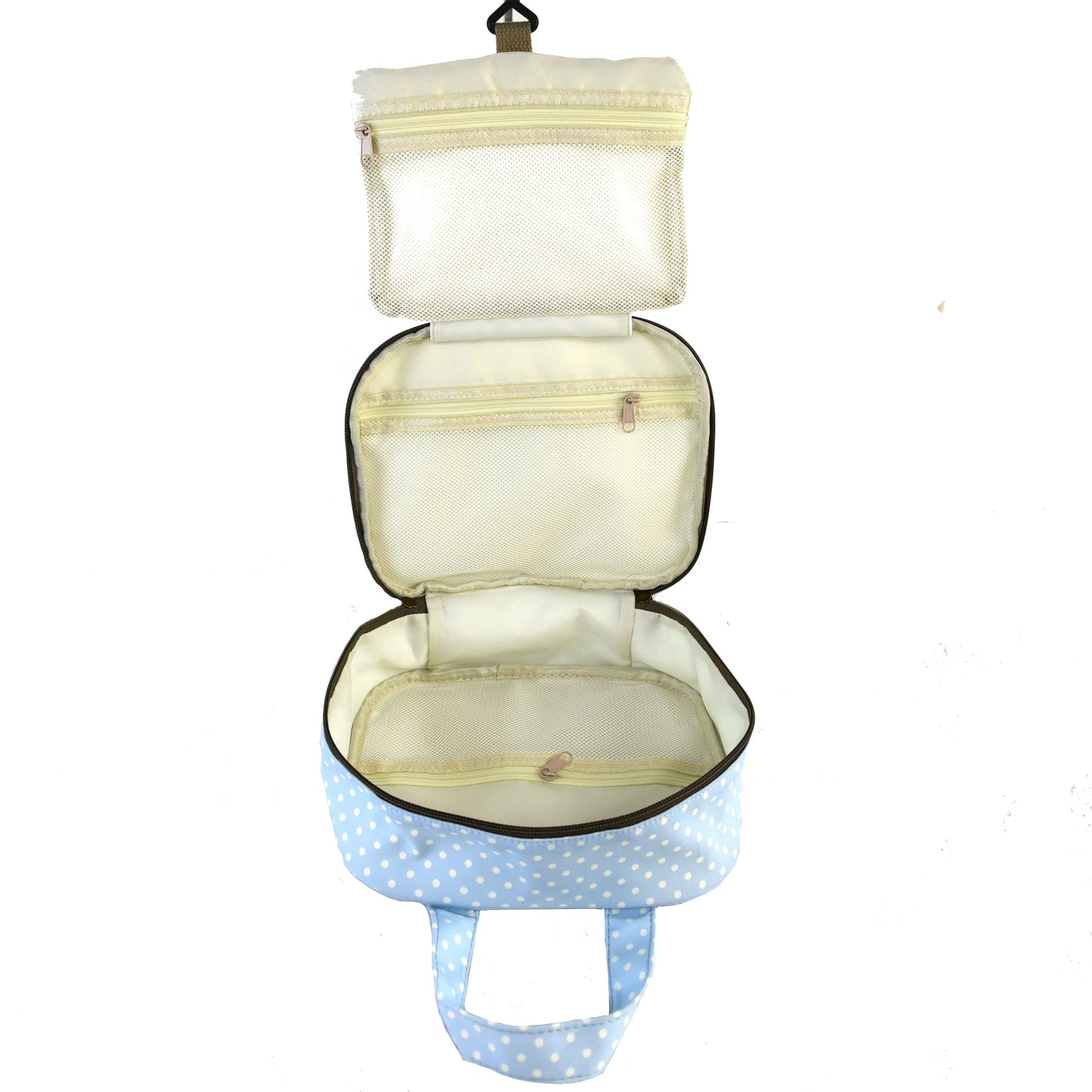 Hanging travel toiletry bag in polka dot cotton