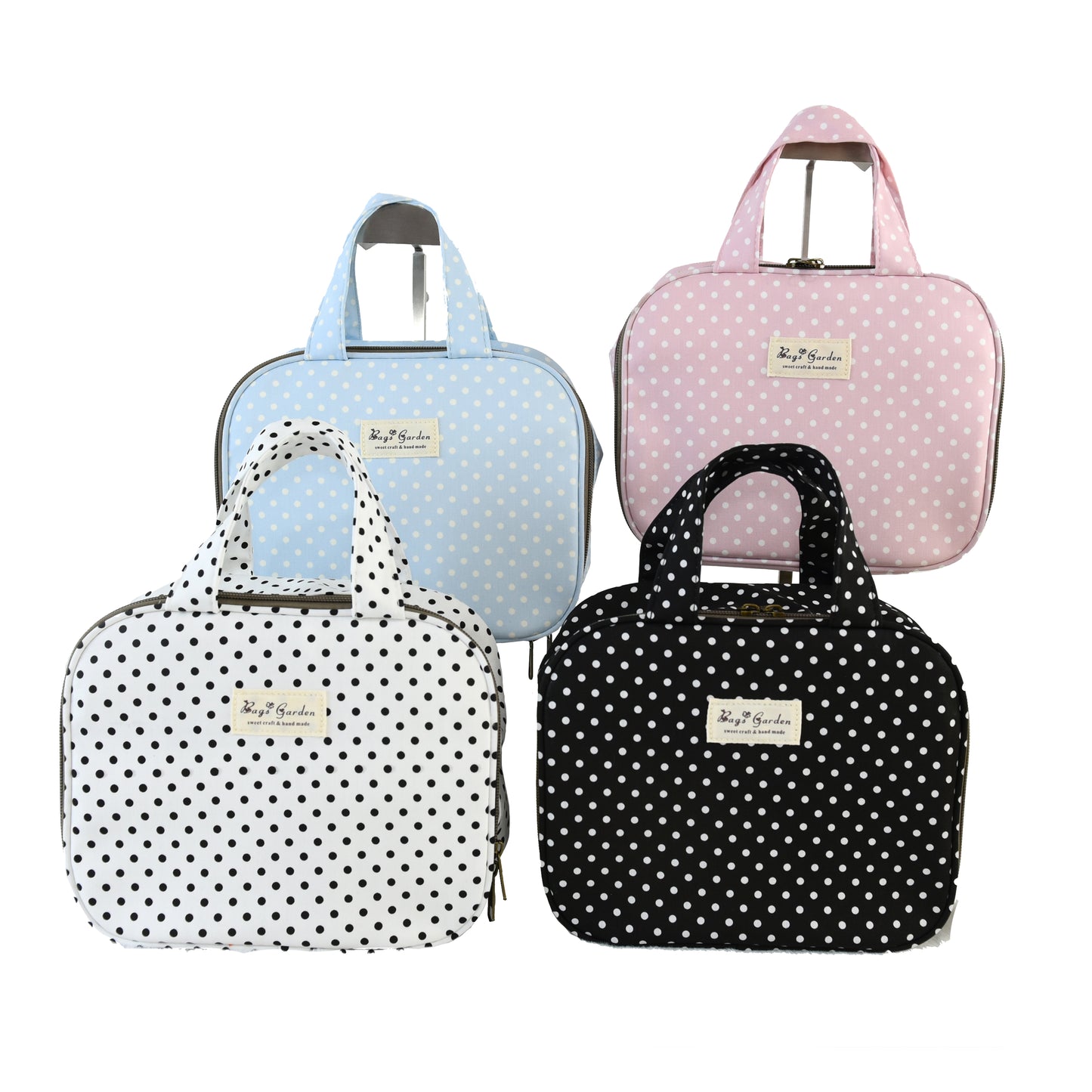 Hanging travel toiletry bag in polka dot cotton