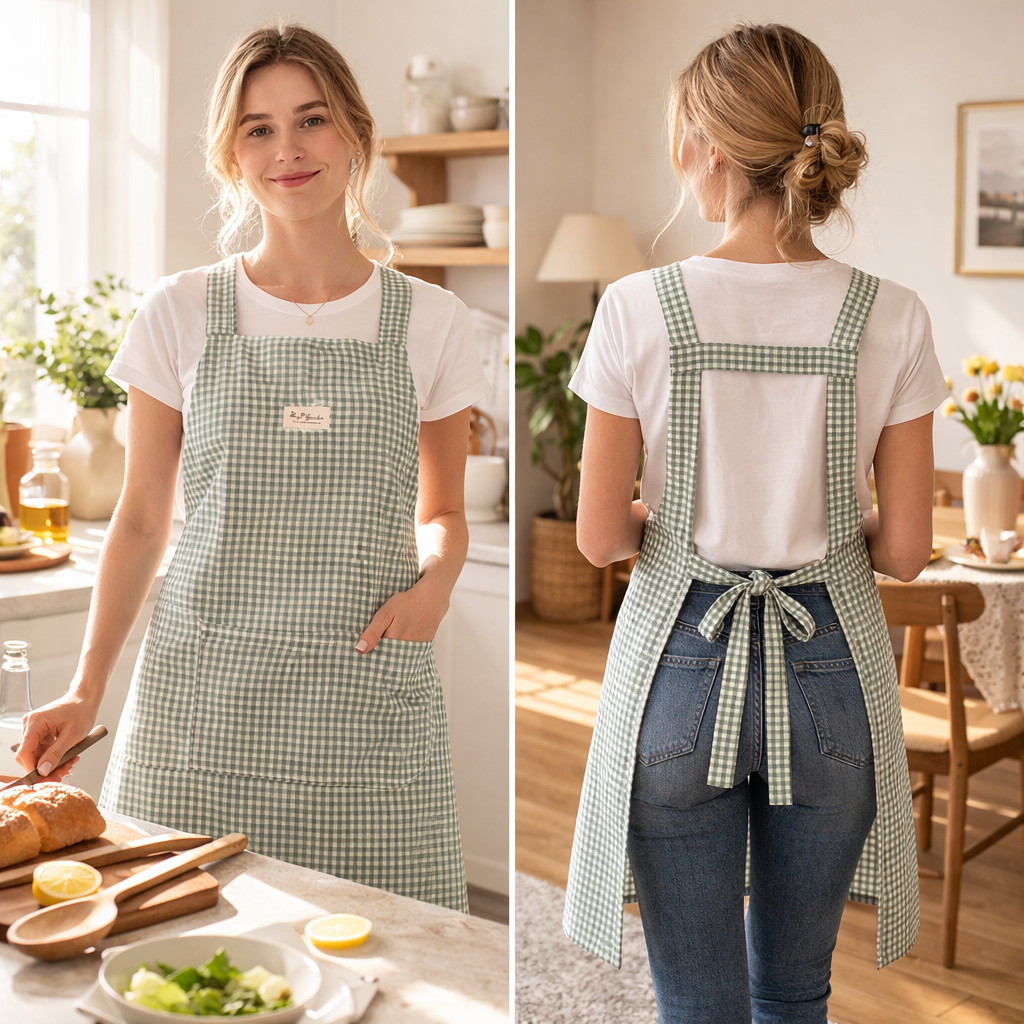 Delantal Impermeable Vichy | Delantal de Cocina con Bolsillo y Lazo en la Espalda