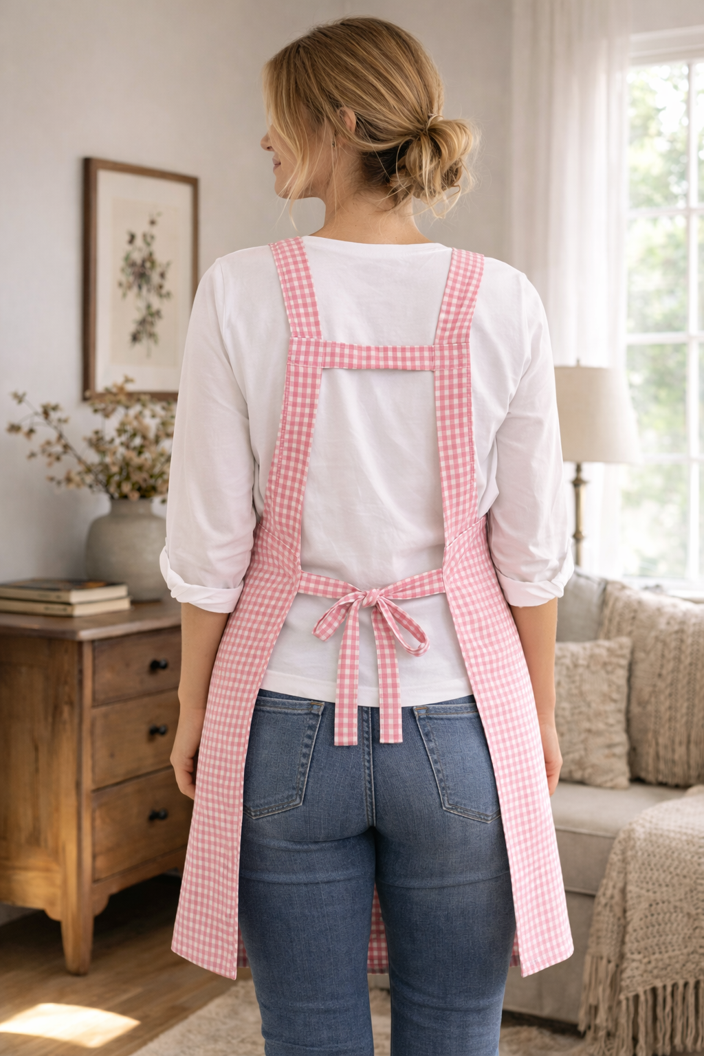 Delantal Impermeable Vichy | Delantal de Cocina con Bolsillo y Lazo en la Espalda