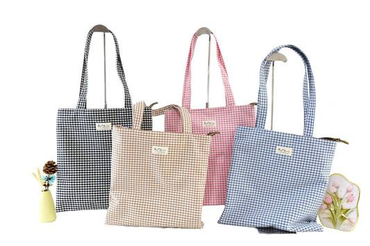 Vichy cotton tote bag with zipper