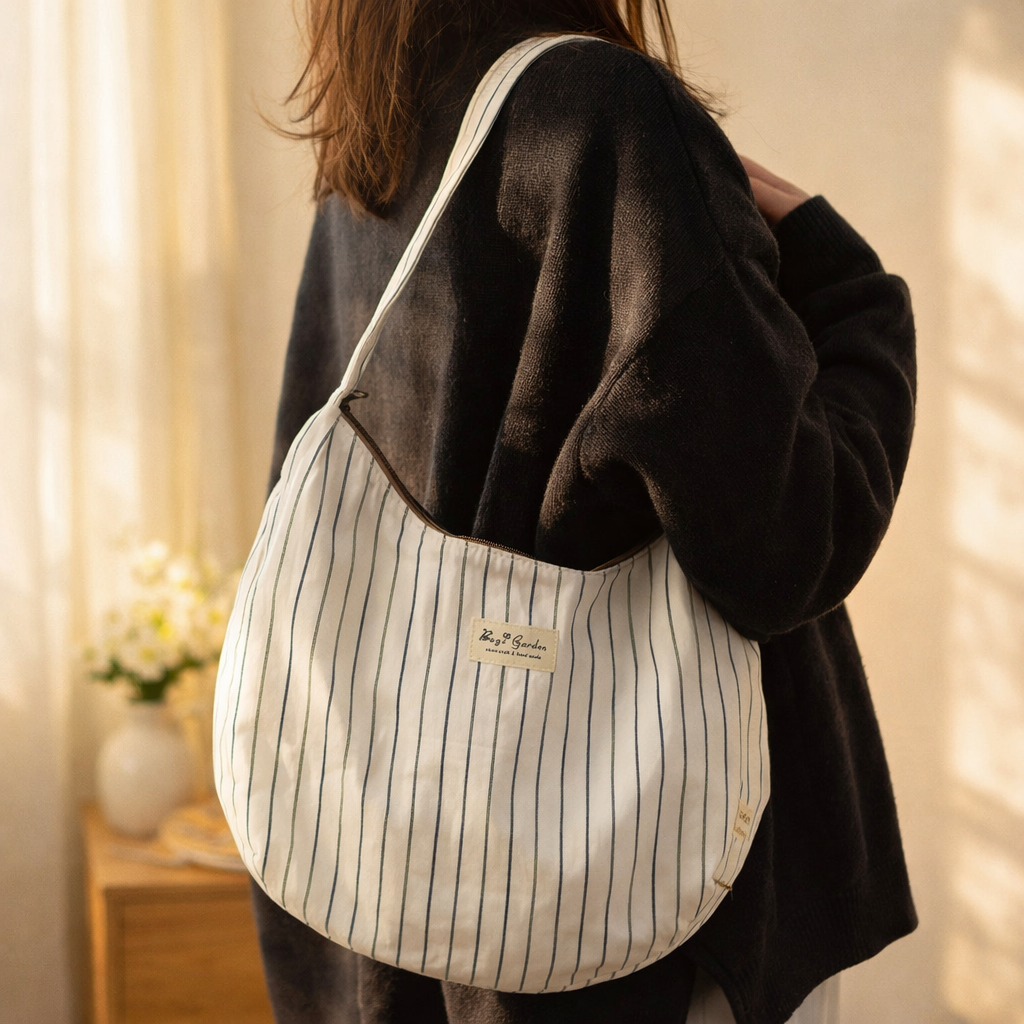 Bolso Bandolera de Algodón Tipo Media Luna con Rayas