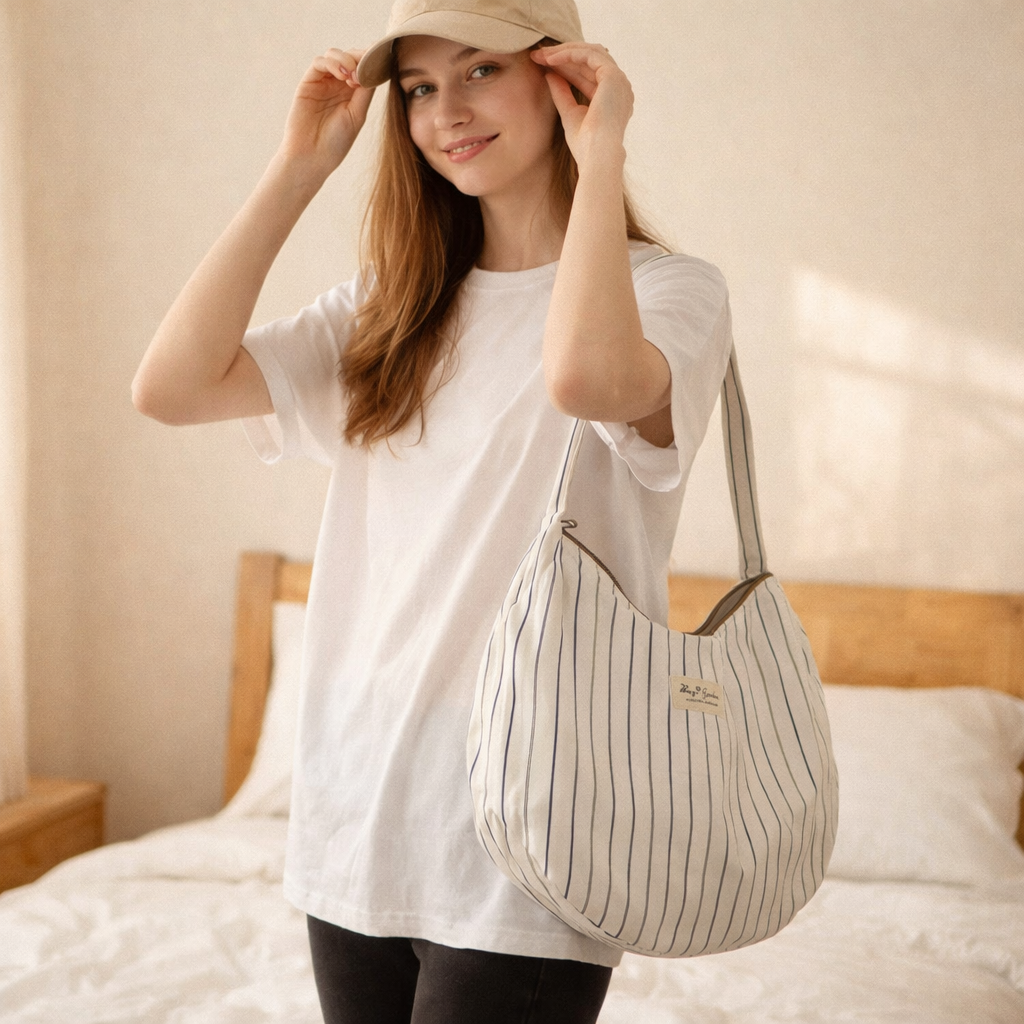 Bolso Bandolera de Algodón Tipo Media Luna con Rayas