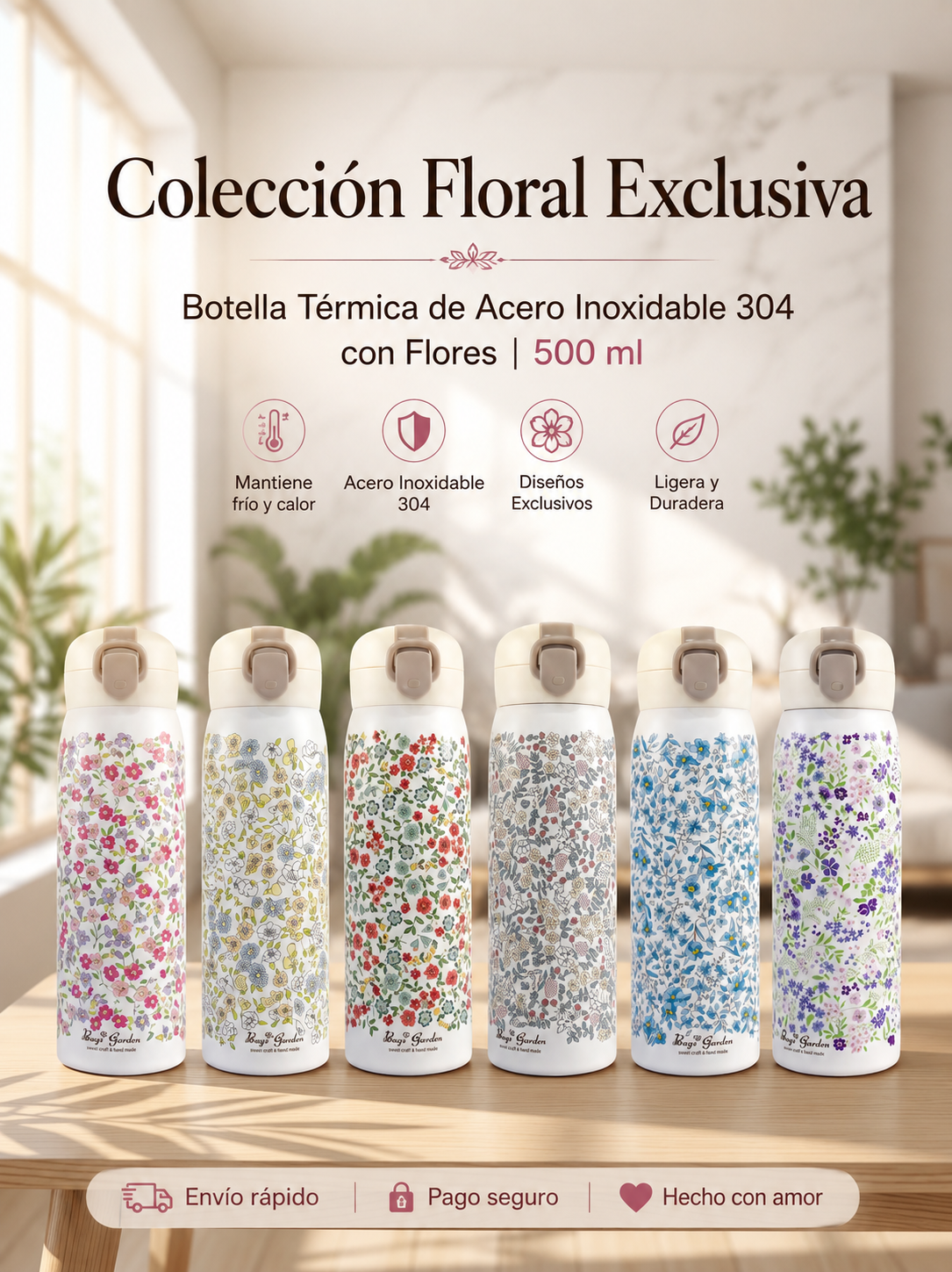 Botella Térmica Floral 500 ml con Pulsador y Cierre de Seguridad