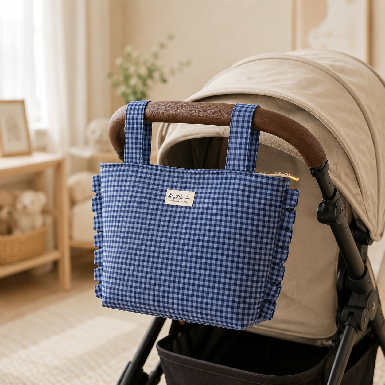 Bolso Organizador de Algodón para Carrito de Bebé de Cuadros con Volantes
