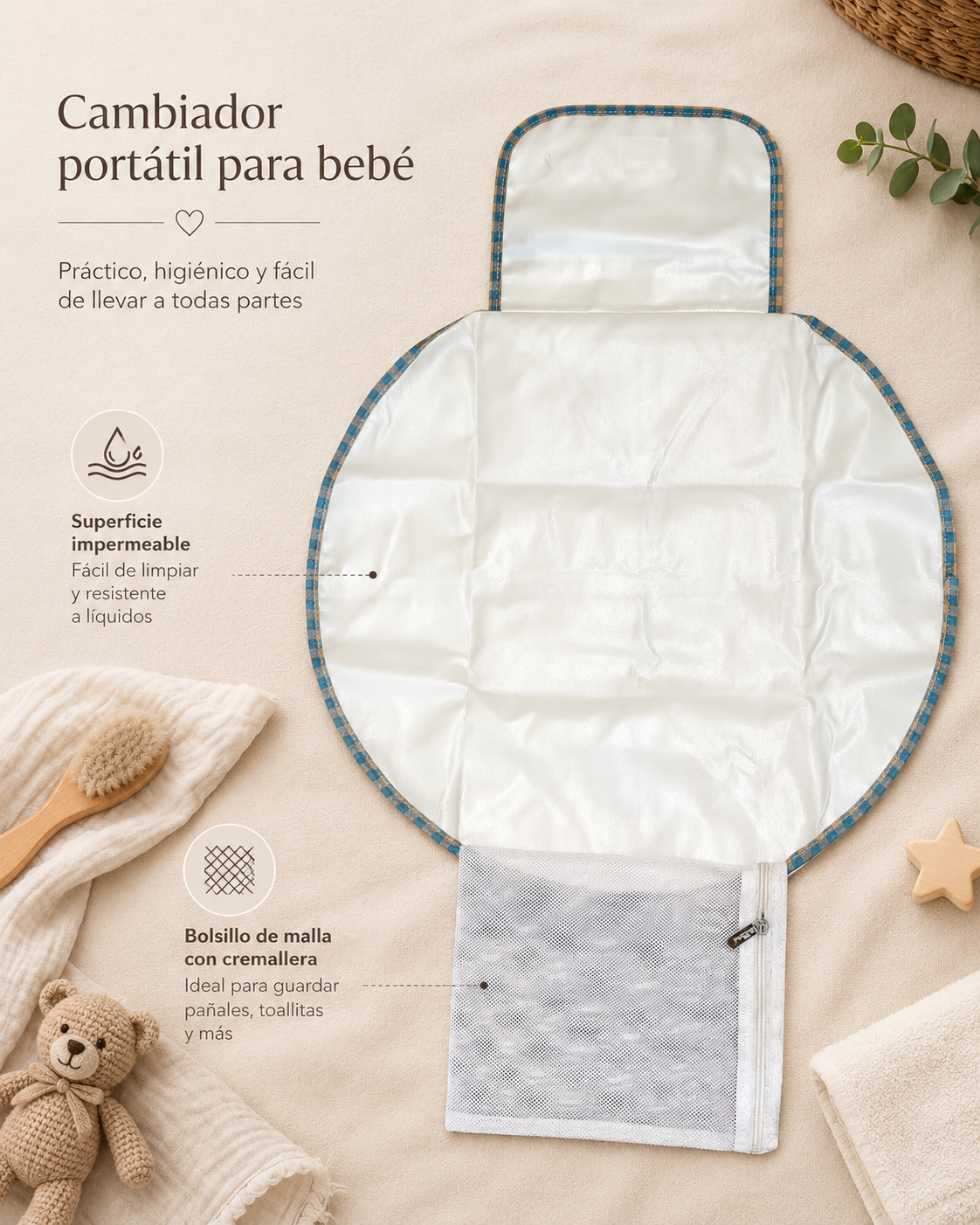 Cambiador Portátil para Bebé de Algodón a Cuadros