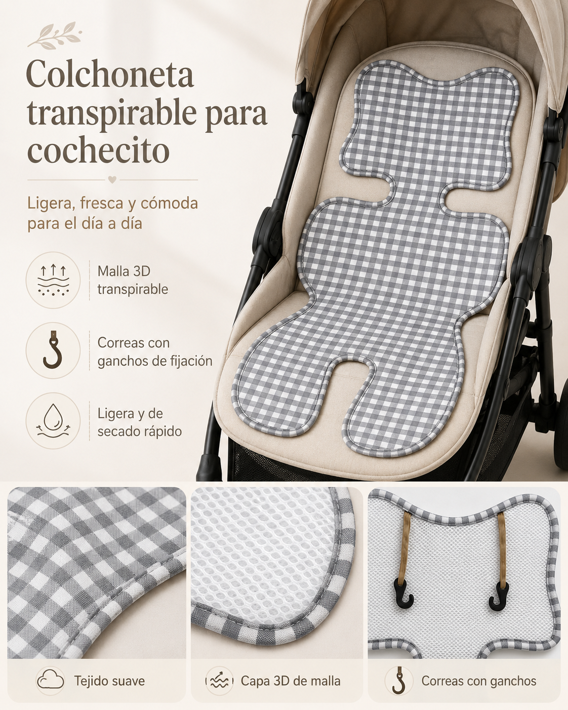 Colchoneta Transpirable para Carrito de Bebé de Algodón a Cuadros con Malla 3D