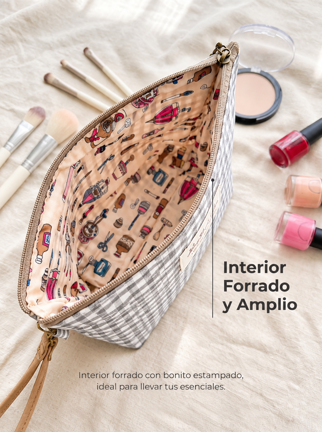 Neceser Pequeño Vichy Impermeable con Asa de Muñeca