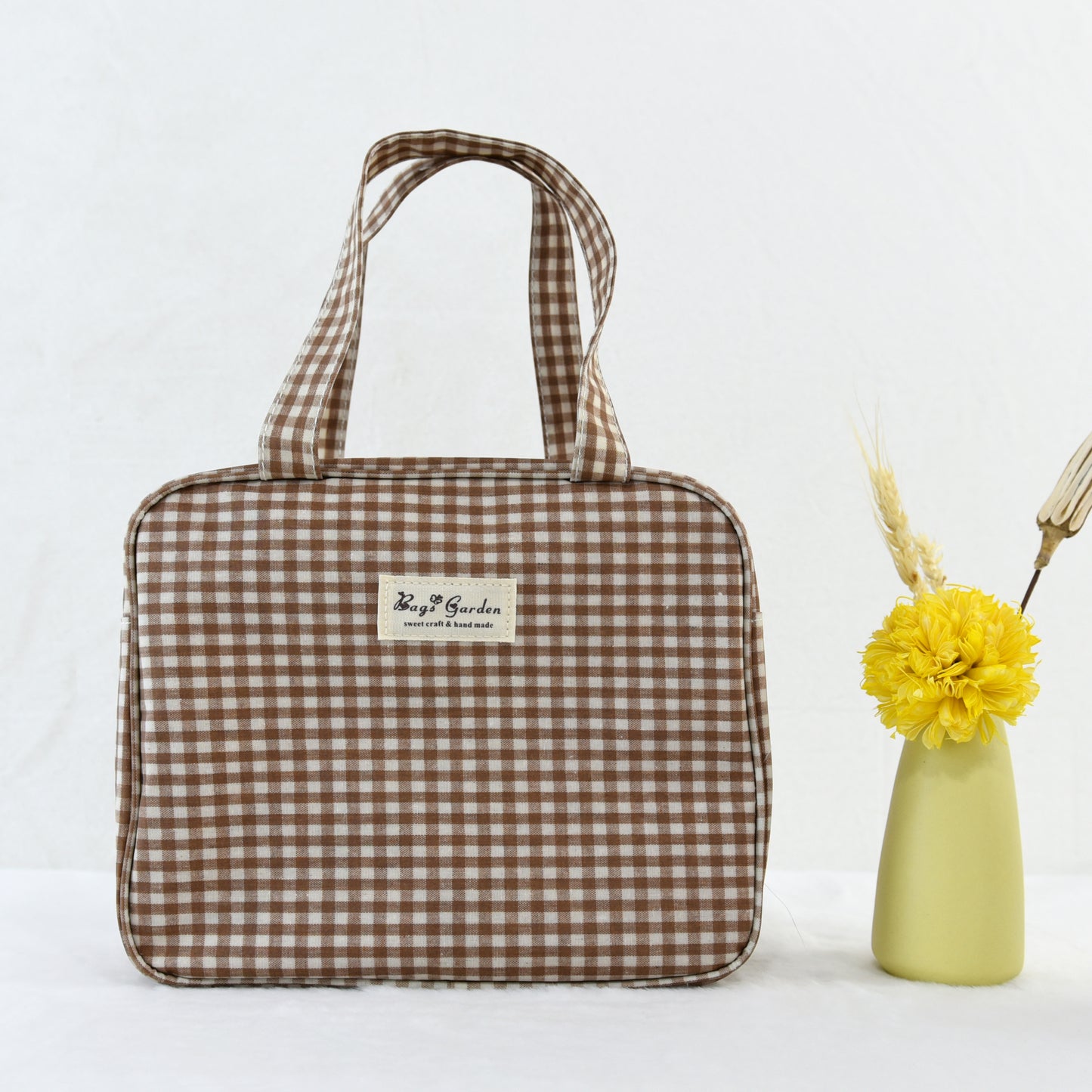 Bolso de Mano Cuadrado Impermeable Vichy | Mini Tote Compacto con Cremallera