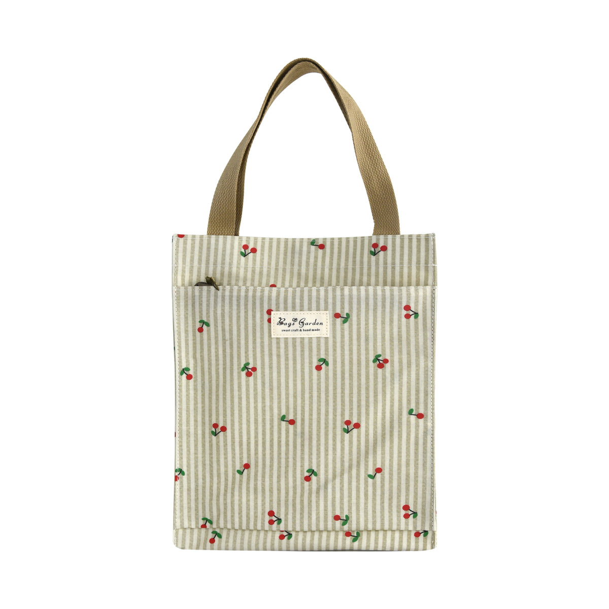 Bolso de Almuerzo Mediano de Rayas con Cerezas y Bolsillo Frontal