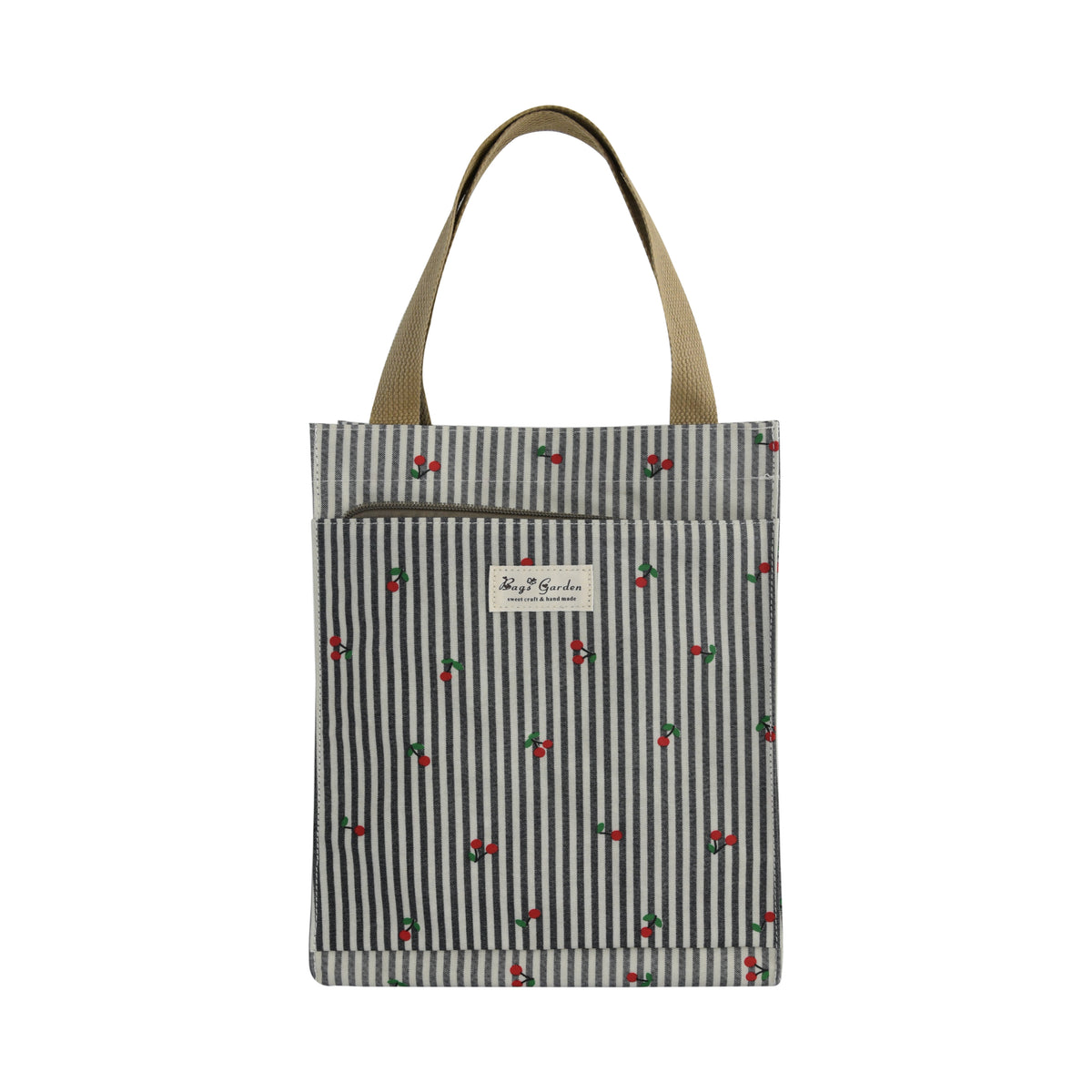 Bolso de Almuerzo Mediano de Rayas con Cerezas y Bolsillo Frontal