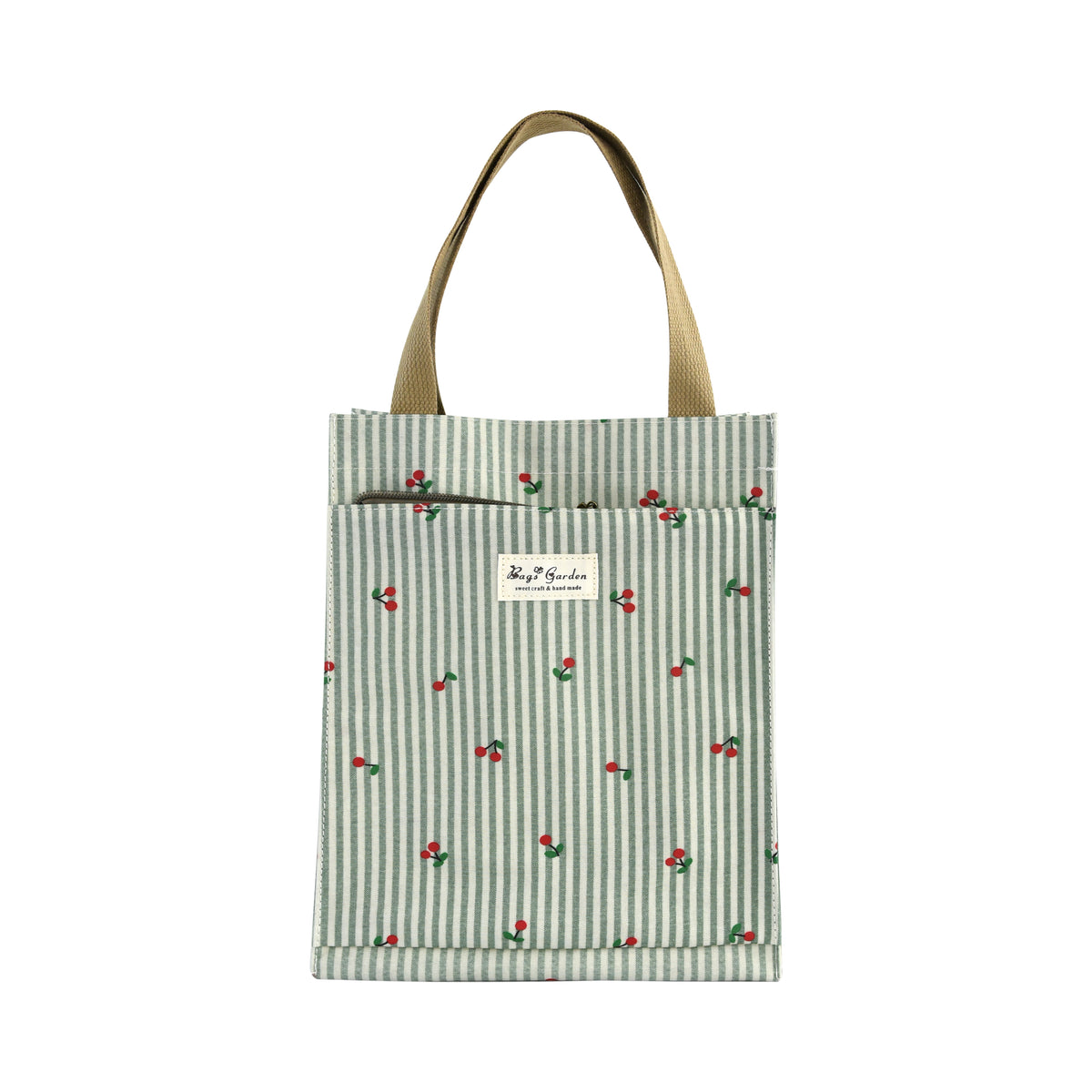 Bolso de Almuerzo Mediano de Rayas con Cerezas y Bolsillo Frontal