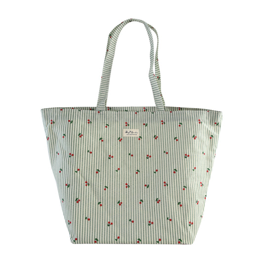 Bolso de Playa Grande Rayas con Cereza | Bolsa Tote Impermeable con Cremallera