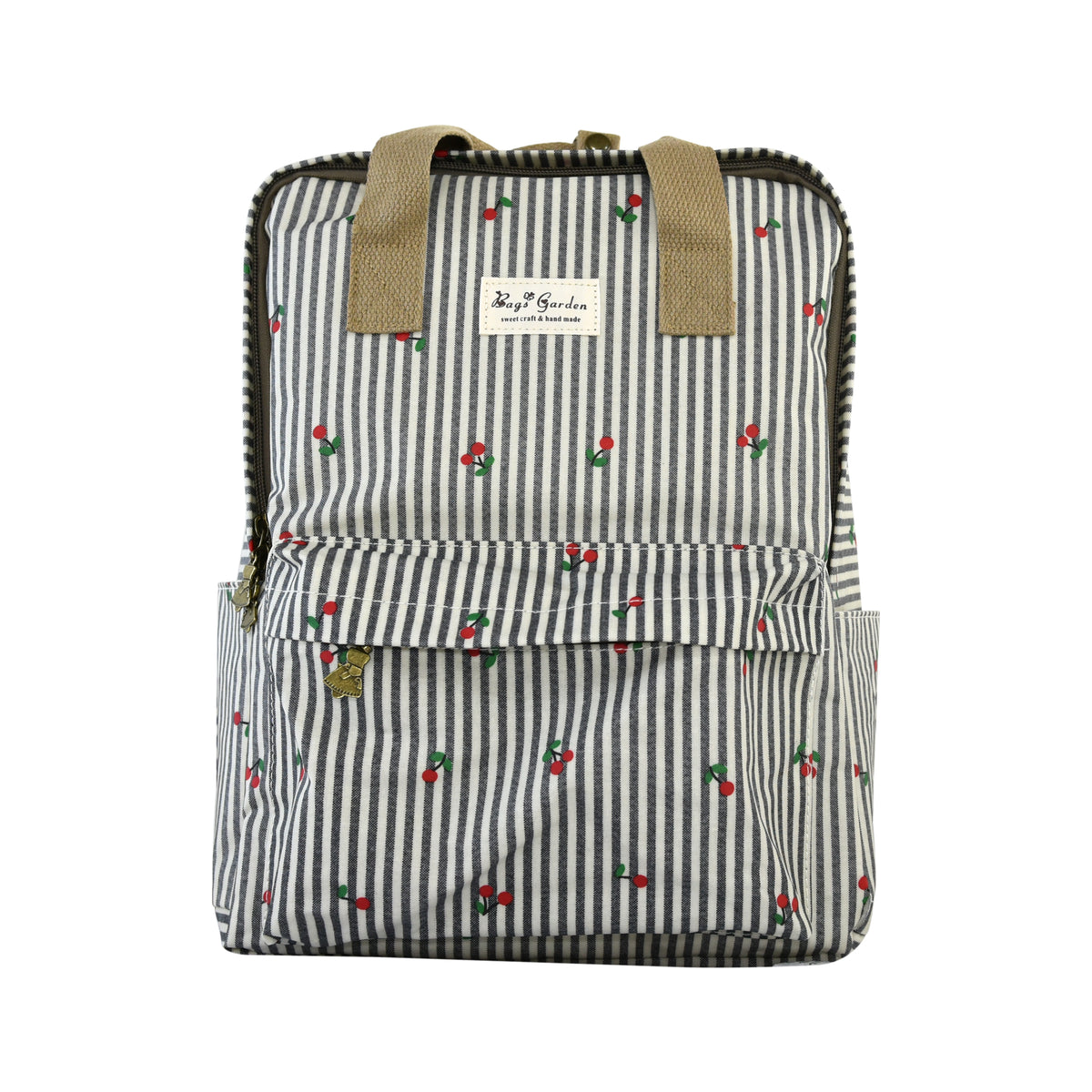 Mochila de Rayas con Cerezas con Bolsillo Frontal