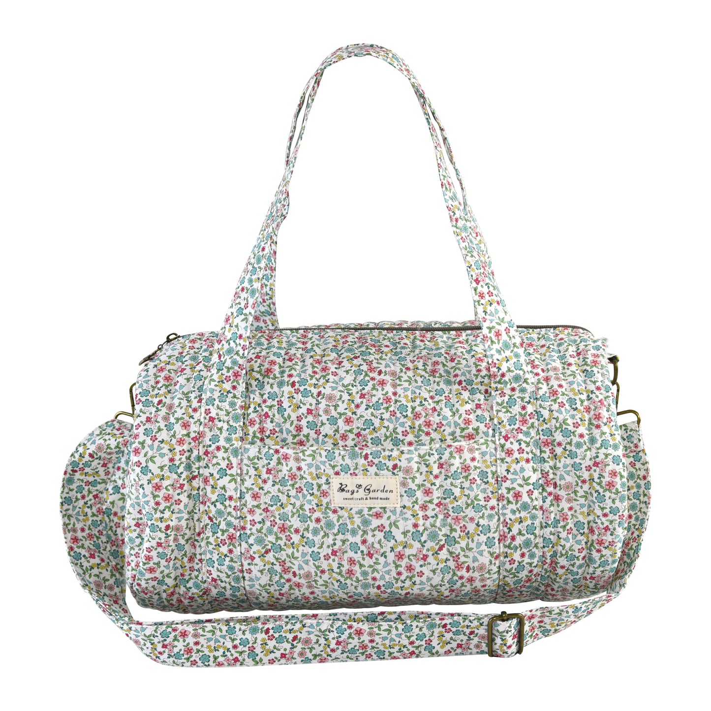 Bolso Maternal Barrel Floral de Algodón Acolchado para Artículos de Bebé con Correa Ajustable