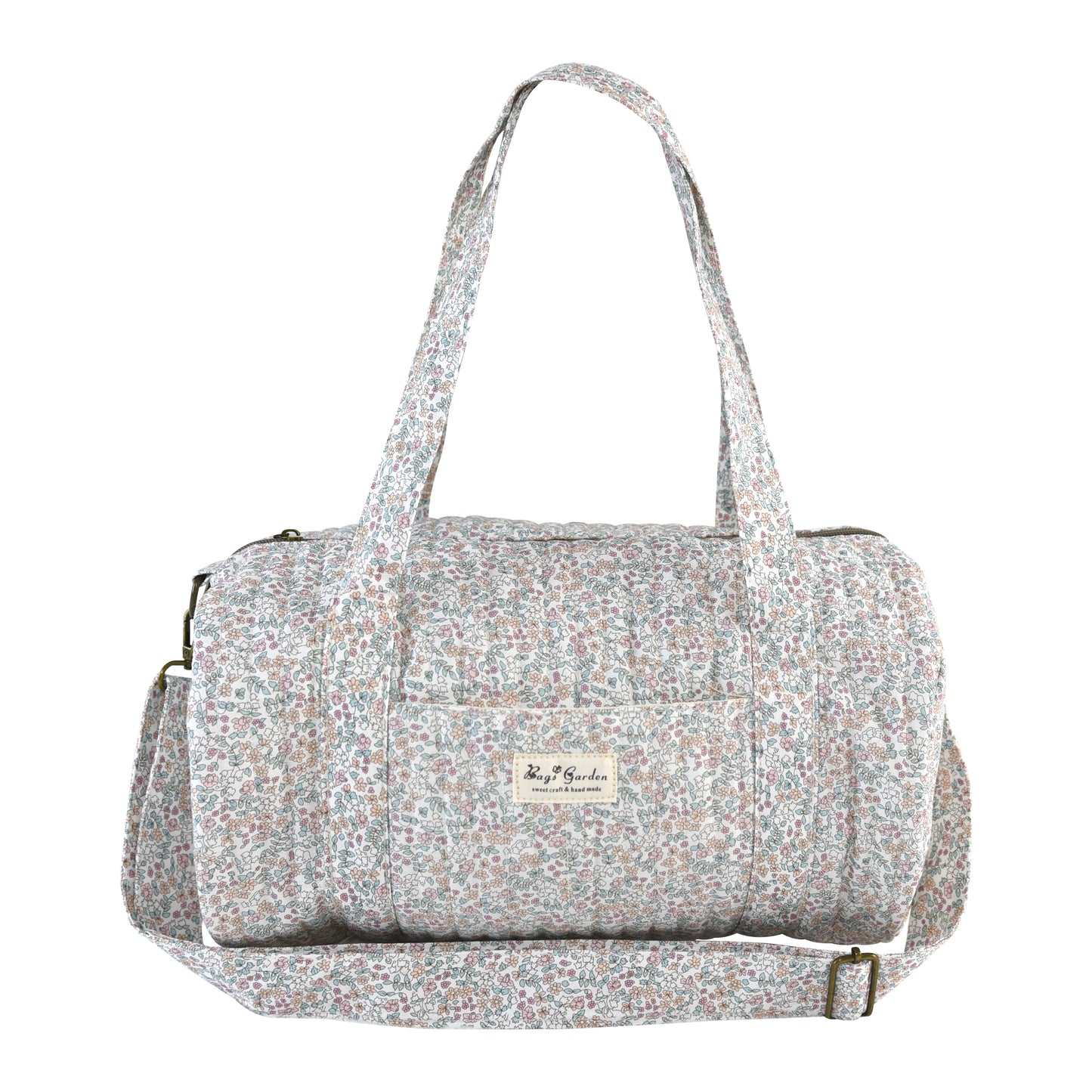 Bolso Maternal Barrel Floral de Algodón Acolchado para Artículos de Bebé con Correa Ajustable
