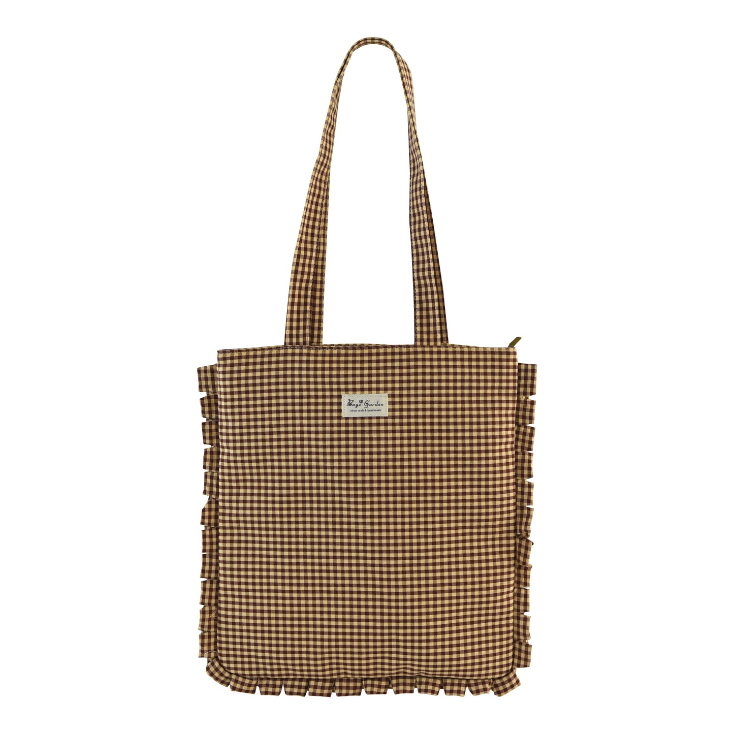 Bolso de Hombro de Algodón de Cuadros con Volantes y Cremallera