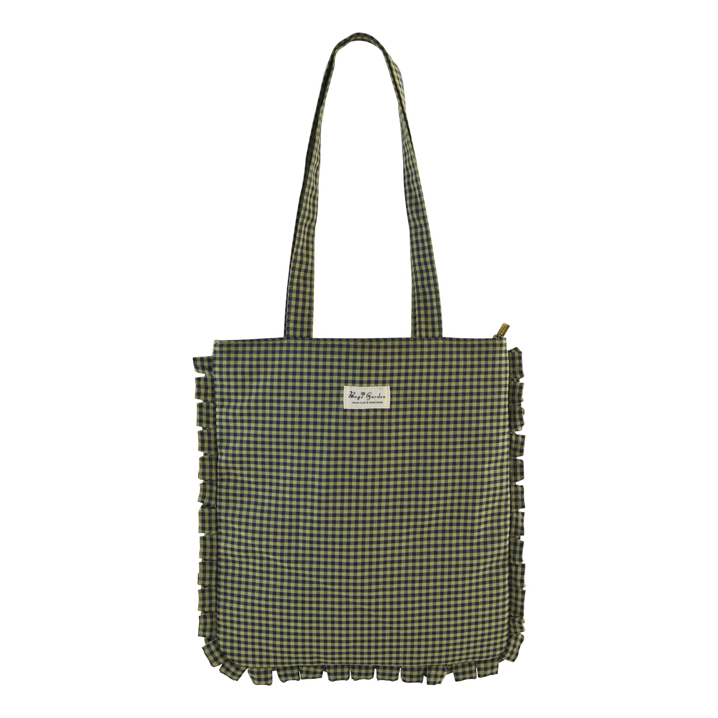 Bolso de Hombro de Algodón de Cuadros con Volantes y Cremallera