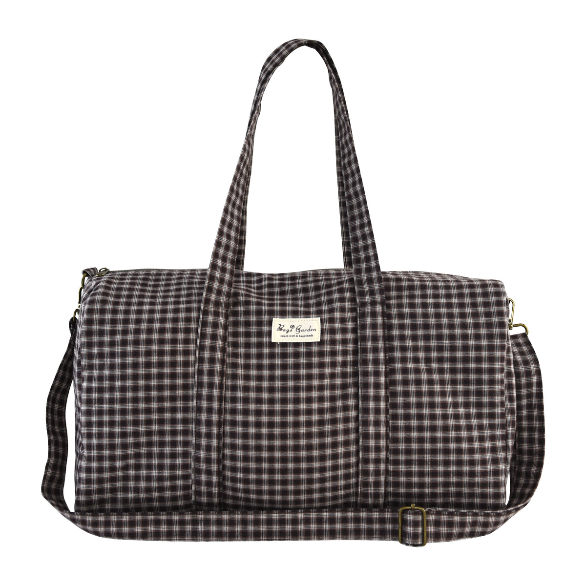 Bolso barrel de cuadros de algodón con asas y bandolera