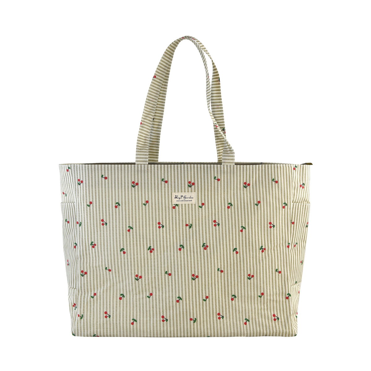 Bolso de Playa Grande de Rayas con Cerezas y Bolsillos Laterales