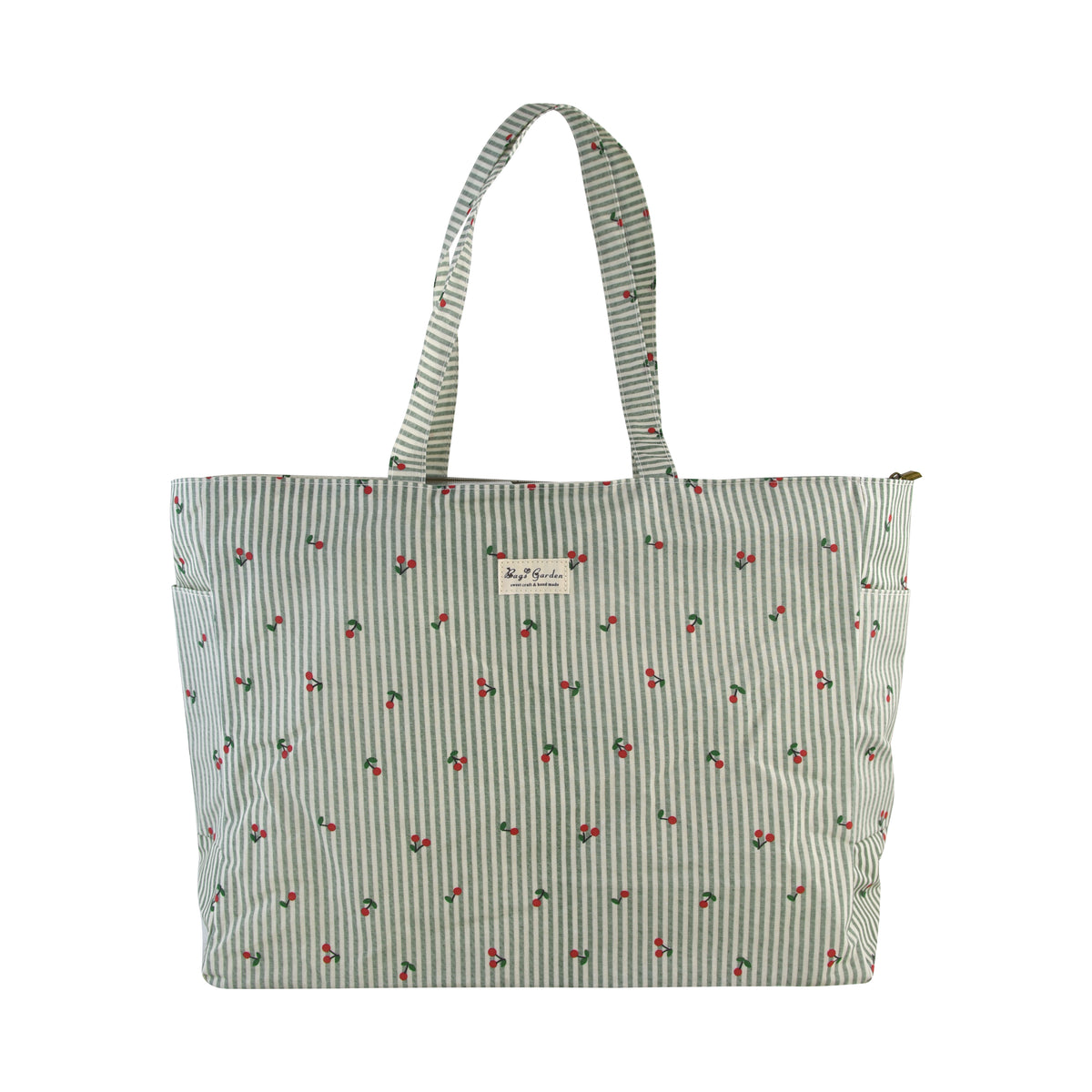 Bolso de Playa Grande de Rayas con Cerezas y Bolsillos Laterales