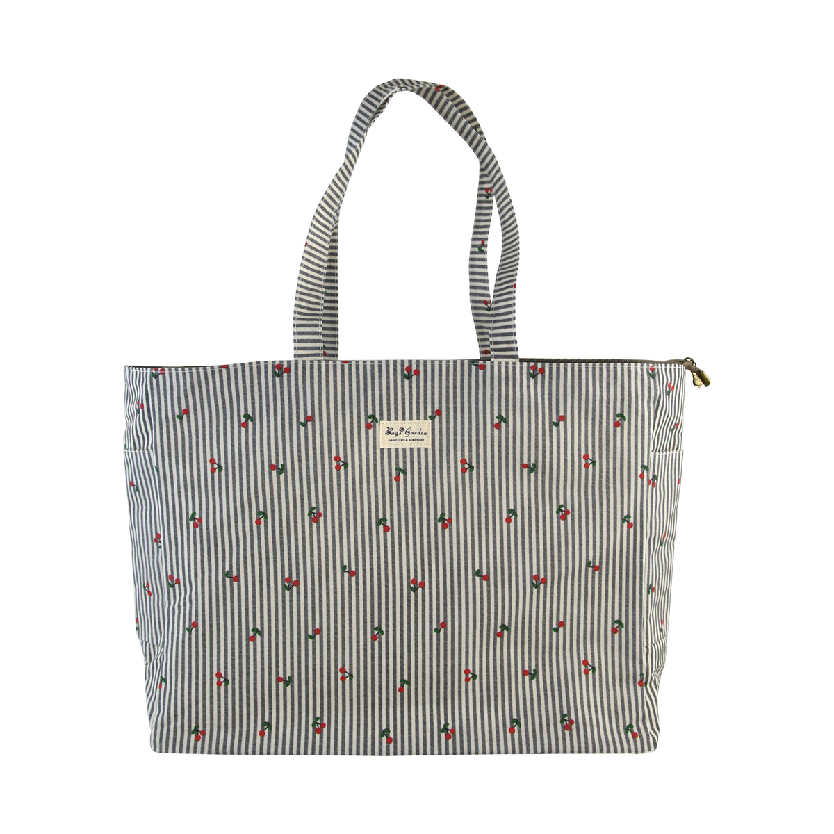 Bolso de Playa Grande de Rayas con Cerezas y Bolsillos Laterales