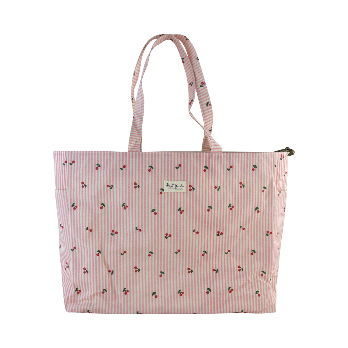 Bolso de Playa Grande de Rayas con Cerezas y Bolsillos Laterales