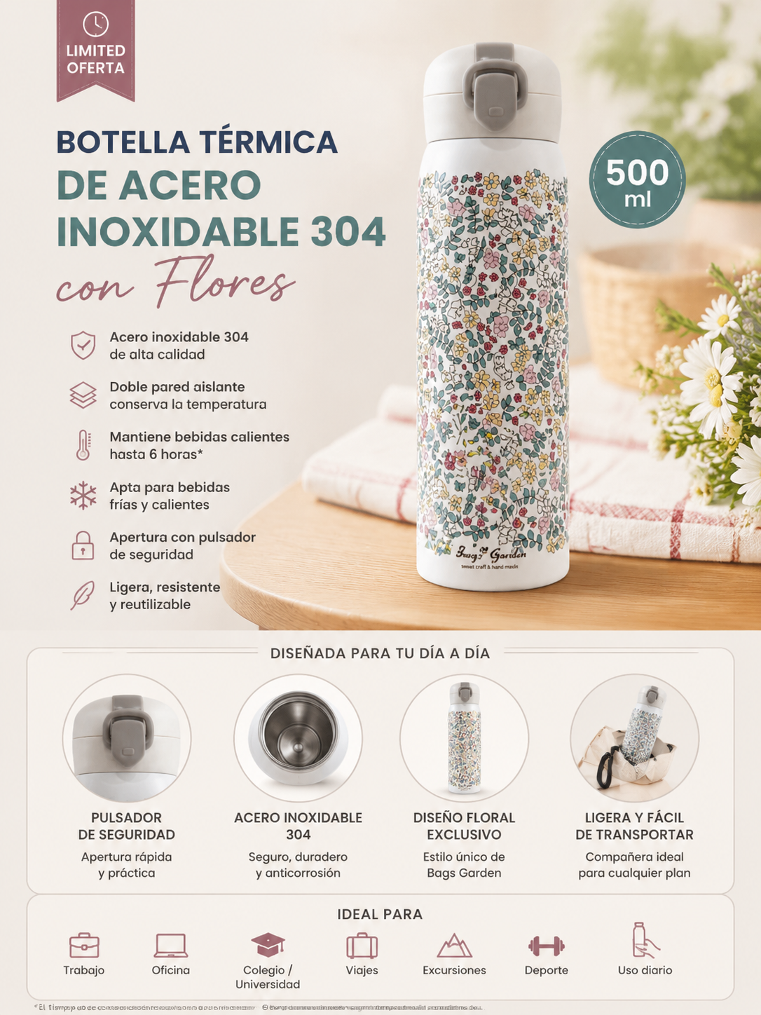 Botella Térmica Floral 500 ml con Pulsador y Cierre de Seguridad