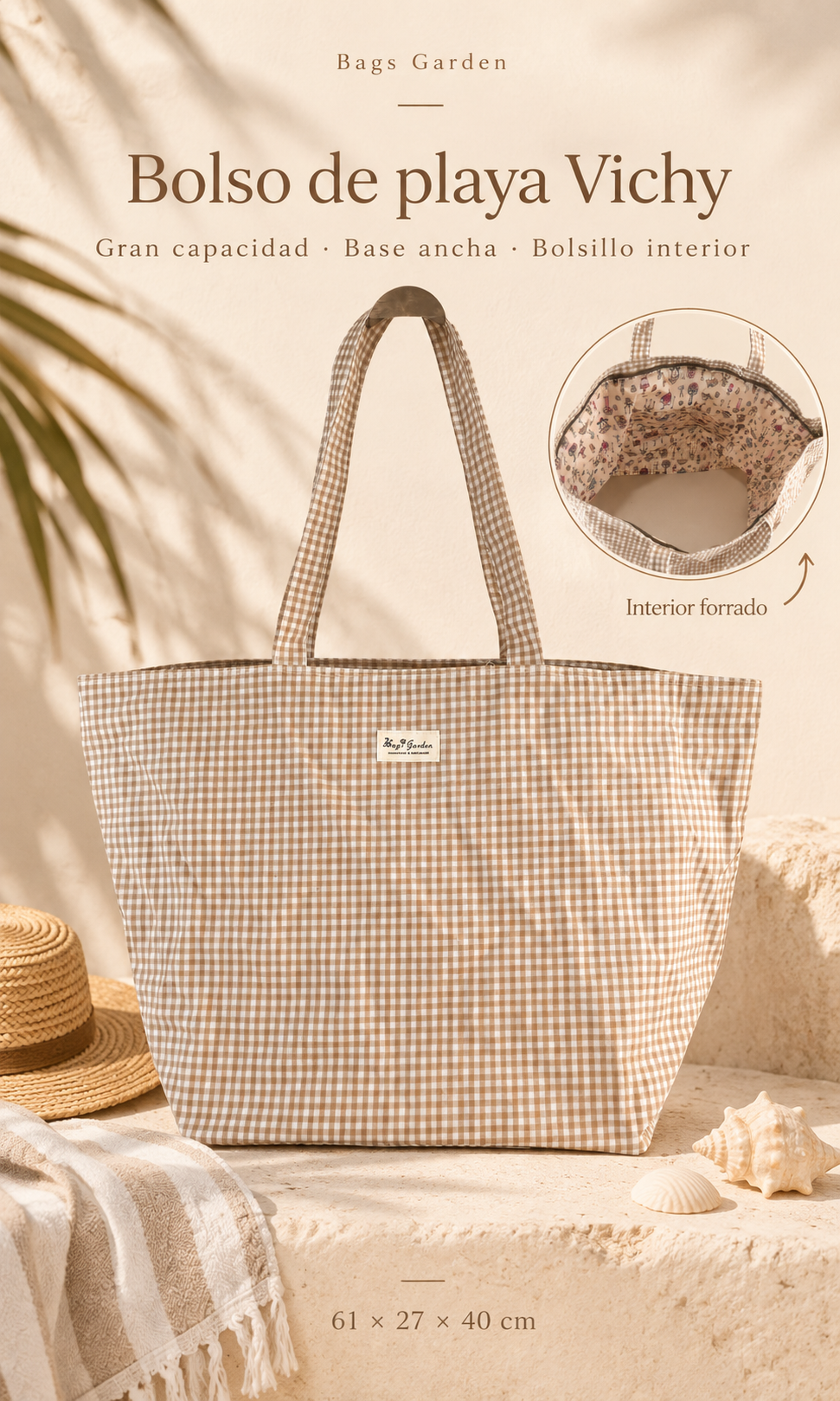 Bolso de Playa Vichy Grande Impermeable con Base Ancha