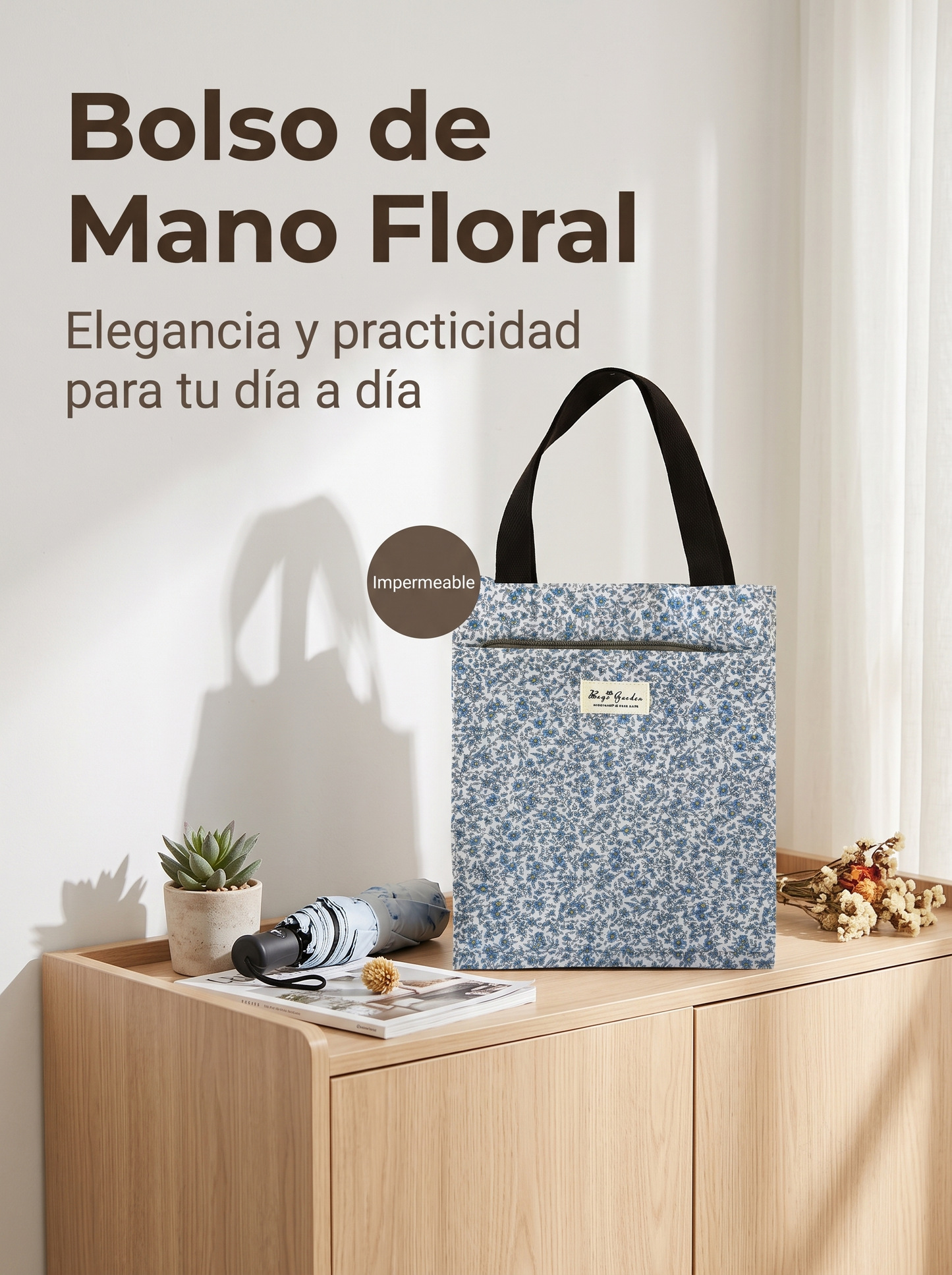 Bolso de Mano pequeño Floral Impermeable con Bolsillo Frontal, Cierre de Botón y Asas para Uso Diario