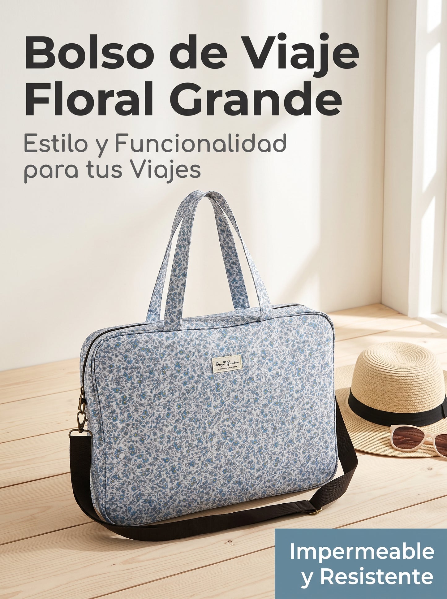 Bolso de Viaje Floral Grande Impermeable con Cremallera, Asas Largas y Correa de Hombro Ajustable