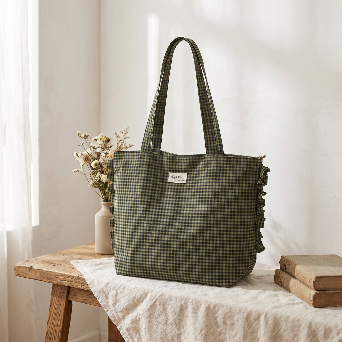 Bolso Tote de Hombro de Cuadros con Volantes y Cremallera