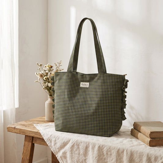 Bolso Tote de Hombro de Cuadros con Volantes y Cremallera
