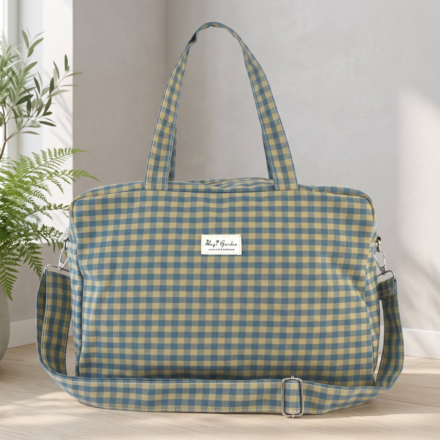Bolso de Viaje y Maternidad de Algodón a Cuadros con Bandolera Ajustable