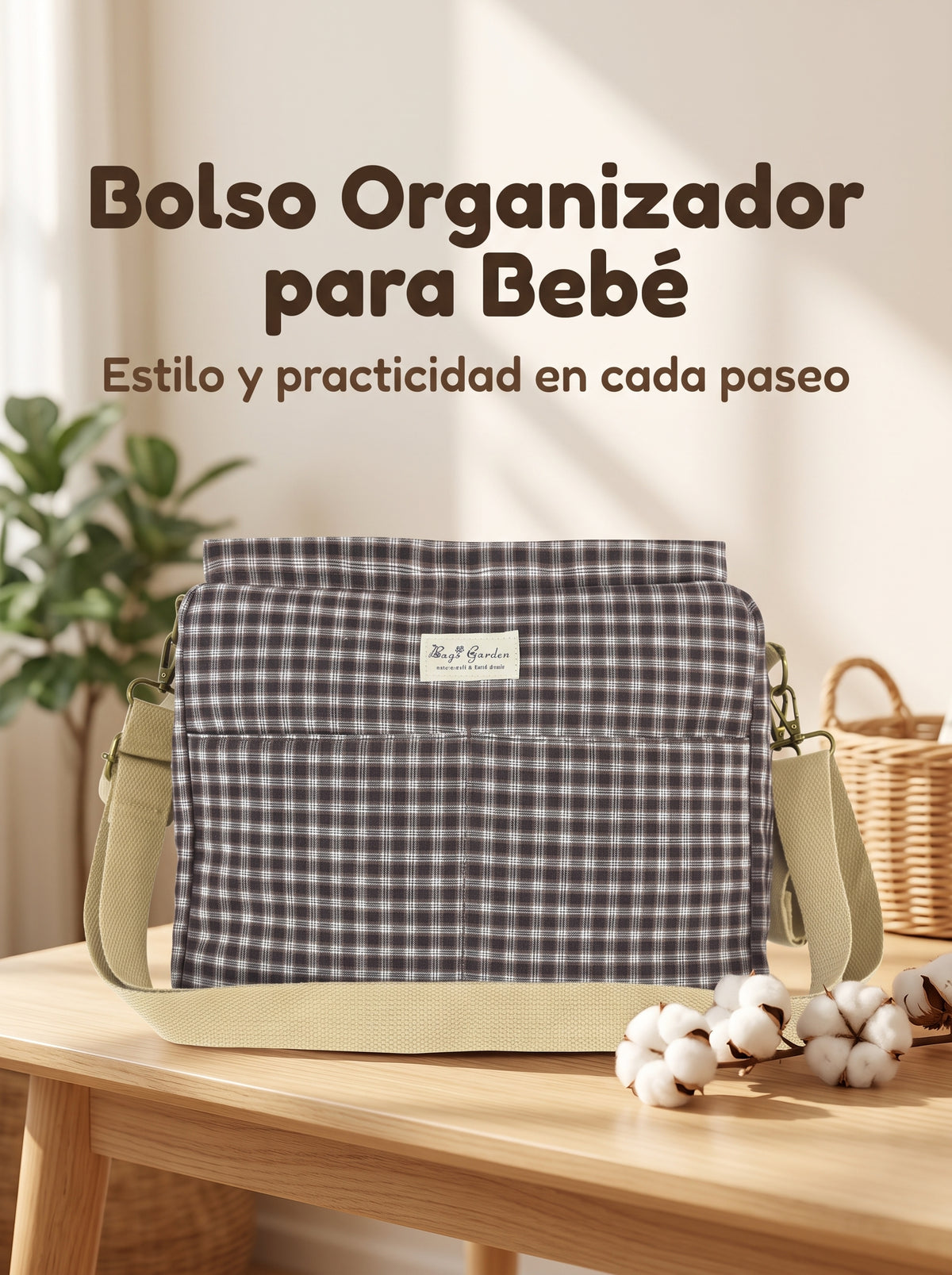 Bolso organizador para carrito de bebé de cuadros de algodón con bandolera