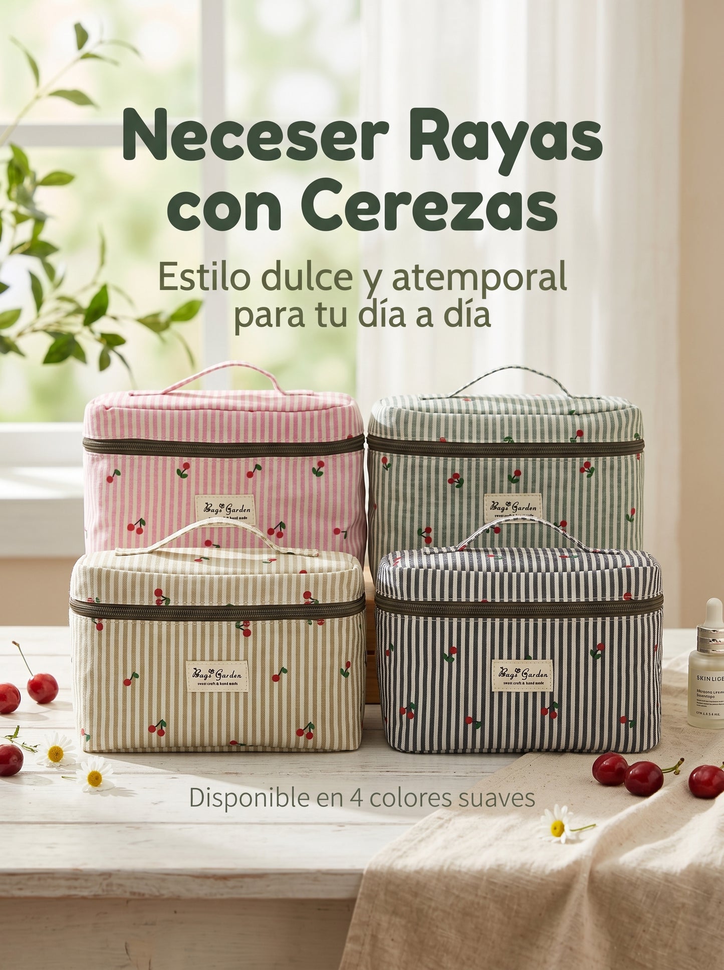 Neceser Rayas con Cerezas | Organizador de Viaje y Cosméticos